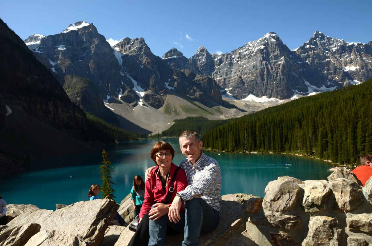 06 Charlotte Ryan and Jerome Ryan At The Rockpile With Moraine Lake And The Valley Of The Ten Peaks Behind Near Lake Louise